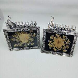 Duck Family Metal Photo Picture Frames Set Of 2 Silver Floral 2.5x3.5 Decor
